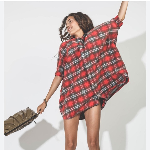 New R13 Plaid Oversize Cotton Flannel Shirtdress in Red Plaid Size XS - Picture 7 of 8